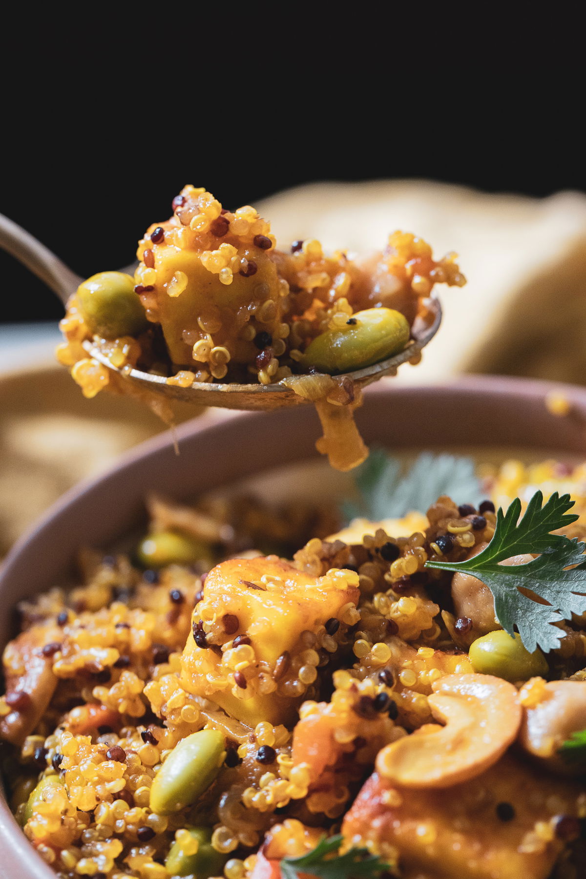 Taking a spoon of quinoa paneer pulao.