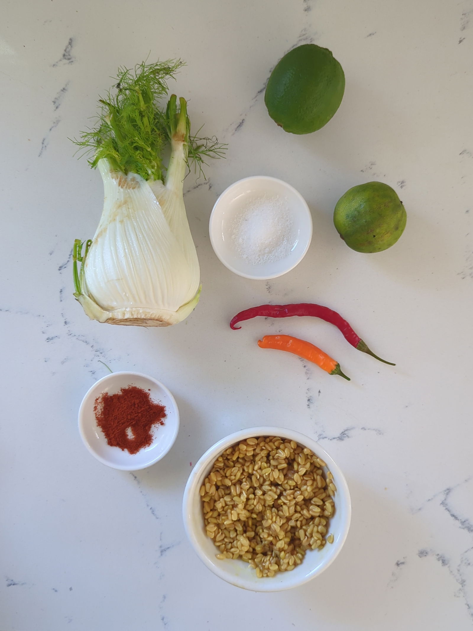 Ingredients of methi fennel kachumbar: fennel, lime, salt, fresh chillies, chili powder, soaked (sprouted) methi dana.
