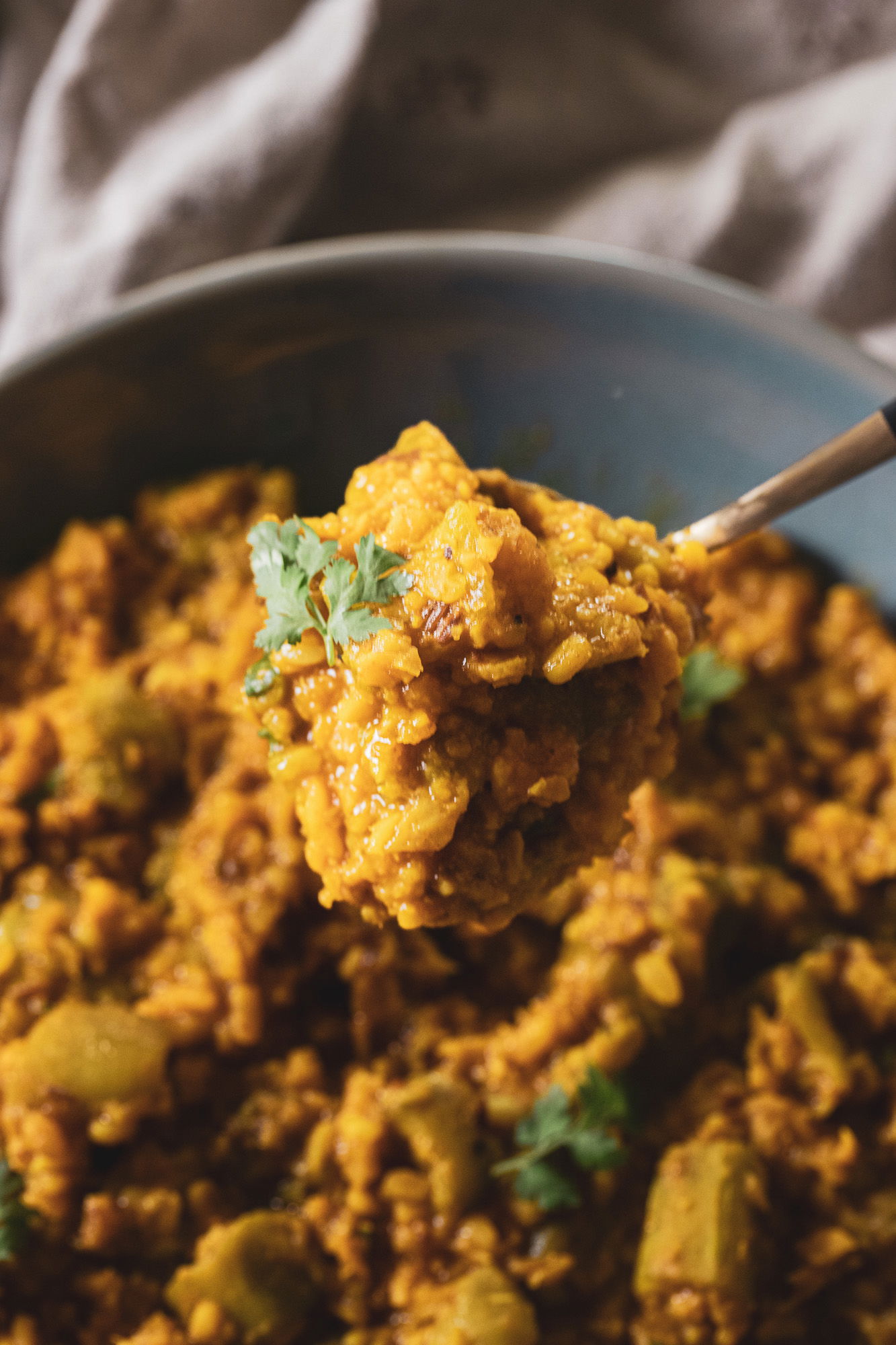 A spoonful of turiya mug ni dal nu shaak